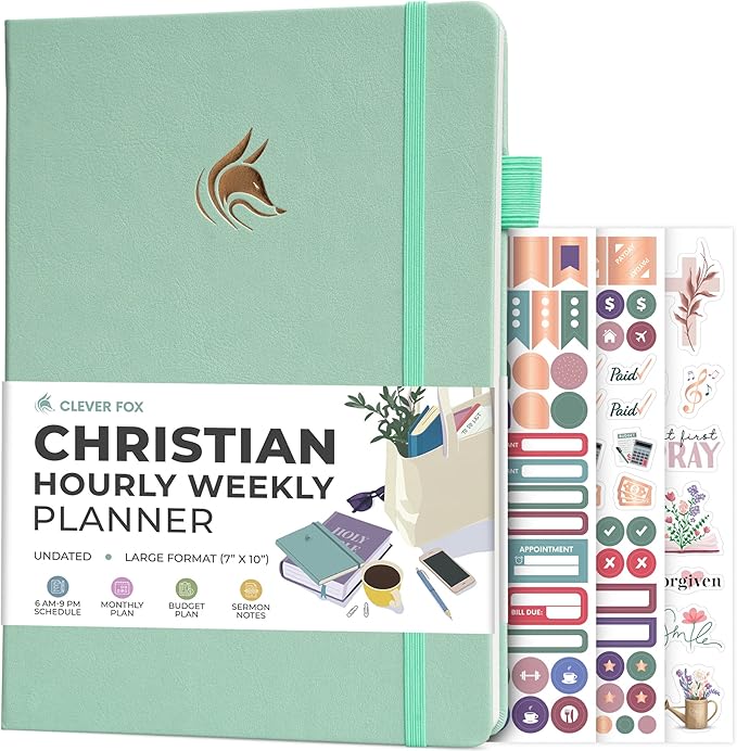 Clever Fox Christian Hourly Weekly Planner – Goal Setting Planner with Time Slots, Monthly Budget, Sermon Notes, Bible Reading Tracker (Mint Cream)