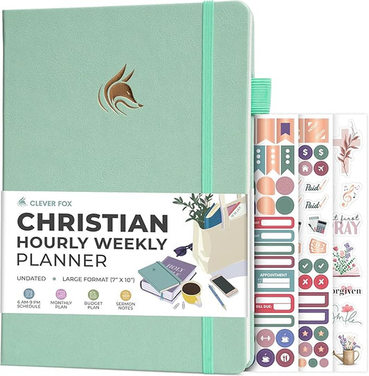 Clever Fox Christian Hourly Weekly Planner – Goal Setting Planner with Time Slots, Monthly Budget, Sermon Notes, Bible Reading Tracker (Mint Cream)