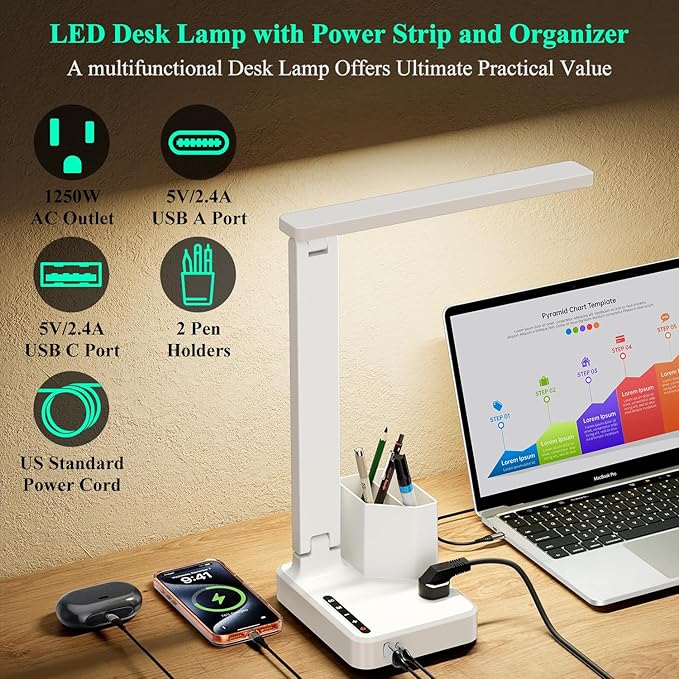 COZOO LED Desk Lamp with 2 USB Charging Ports,Type C Port,1 AC Outlet,2 Pen Holders,3 Color Temperature 3 Brightness Level,Touch/Memory/Timer,10W Eye Protection Foldable Reading Light,Study Lamp-White