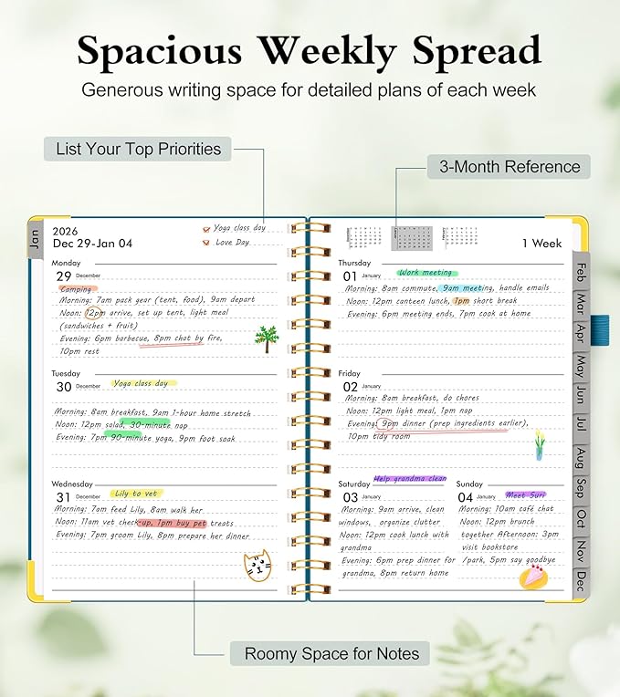 2026 Planner, Hardcover Leather Weekly and Monthly Planner, January 2026 - December 2026, Spiral Yearly Agenda Organizer Book 2026 with Tabs, Daily Calendar Planners for School Work Home, A5 (5.75" x 8.38"), Pacific Green