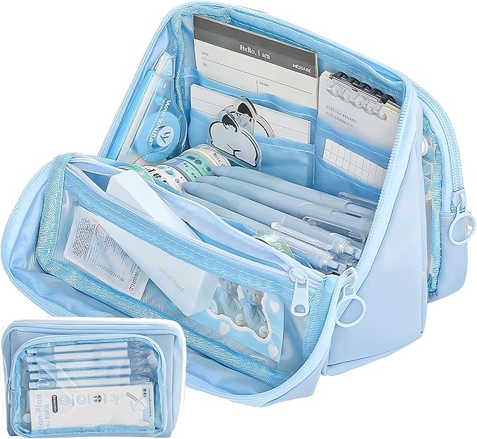 Large Pencil Pouch Big Pencil Case Big Capacity Aesthetic Pen Cosmetic Bag Pen Stationery Organizer Simple, College Office Home Travel Storage Bag (Blue)