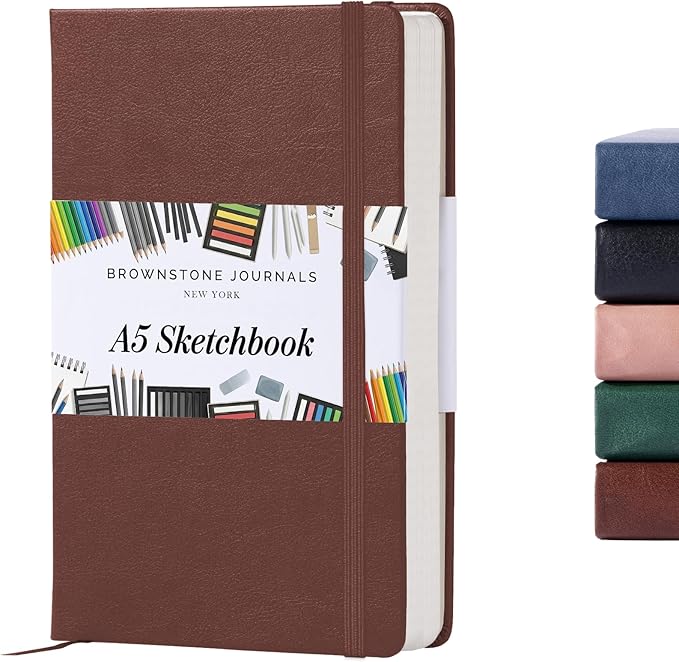 BROWNSTONE JOURNALS A5 Sketch Book Hardcover - 80 Sheets 100 GSM Paper 5"x8", Lay Flat, Vegan Leather Cover, Elastic Band, Back Pocket, Art Drawing Book (Chestnut Brown)