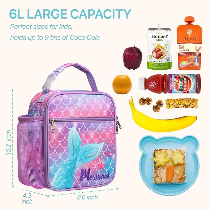 Bagseri Kids Lunch Box for Girls - Insulated Toddler Lunch Bag Fits Bento Box, Reusable Daycare Cooler Tote with Clip Handle, Water-Resistant Lining, Purple Mermaid Tail