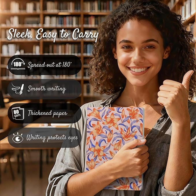 Stitched Composition Notebooks 2-Pack with Unique Art Designed Cover, A5 Lined Diary (8.2"L*5.5"W), Lay Flat Design, Thicked Paper Writes Smoothly for School and Office (Lily)