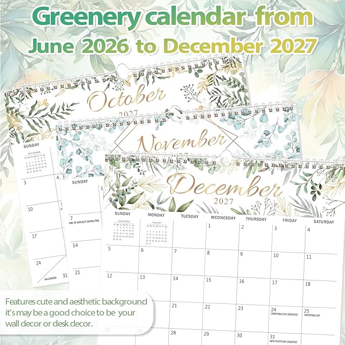 GuassLee Wall Calendar 2026, 19-Months Hanging Desk/Wall Calendar Runs From Jun. 2026 to Dec. 2027, 14" x 11.5" Monthly Planner Wall with Thick Paper, Plant Design for Office School Home Organizing