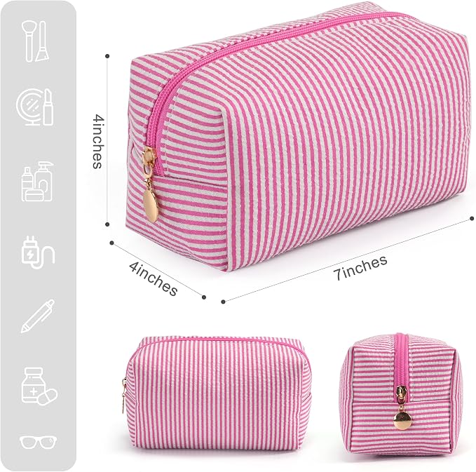 Makeup Bag Set for Women, 4PCS Travel Cosmetic Bags Pencil Case, Striped Seersucker Toiletry Organizer Pouches, Cute Makeup Pouch for Purse, Accessories and Gifts, Rose Red