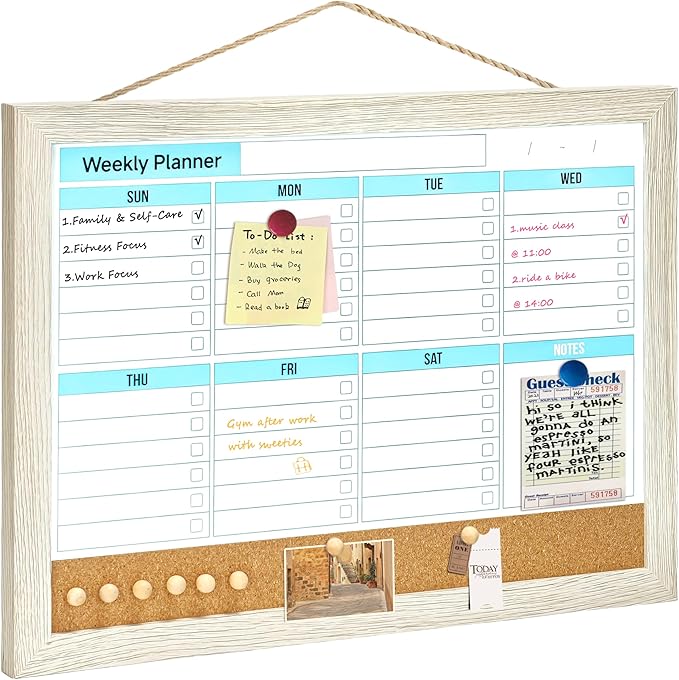 Magnetic Weekly to Do List Planner White Board 16x12 Inch - Dry Erase Calendar Board with Cork Combo for Wall, Home Office Kitchen