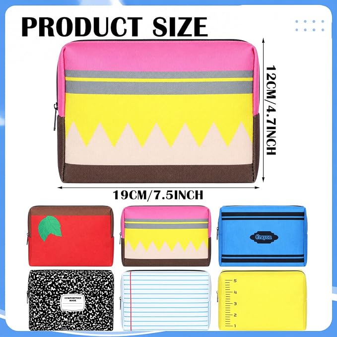Kacctyen 6 Pack Back to School Teacher Gifts Bulk Teacher Pencil Pouch Makeup Bags Survival Kit Notebook Apple Crayon Pencil Designs Cosmetic Bags Pouch for First Day of School Stationery Party Favors