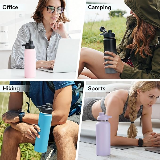 Fijinhom 32 oz Insulated Water Bottle with Handle, 304 Stainless Steel Water Bottles with Wide Mouth, Double Wall Vacuum Sports Water Bottle, BPA Free, Keep Cold and Hot, Black/Gray