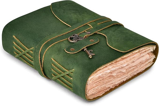 LEATHER VILLAGE Vintage Leather Journal – 200 Handmade Vintage Deckle Edge Paper – Leather bound Journal For Women Men – Vintage Key Closure - Book of Shadows - Green - 10X7 inches