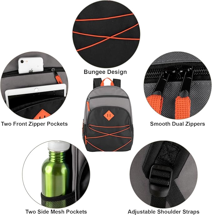Summit Ridge Backpacks with Bungee Cord Front | 17” Multi Pocket Backpack for Adults, College, Travel (Grey/Black)
