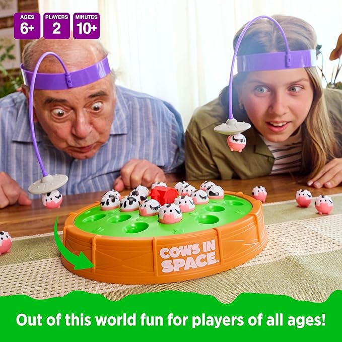 Cows In Space By Relatable, The Kid-Friendly Extraterrestrial Game, Fun Games And 2 Player Games, Great For Space Games, Includes 2 UFO Headbands, 1 Electronic Spinning Base, 21 Cows, and Instructions