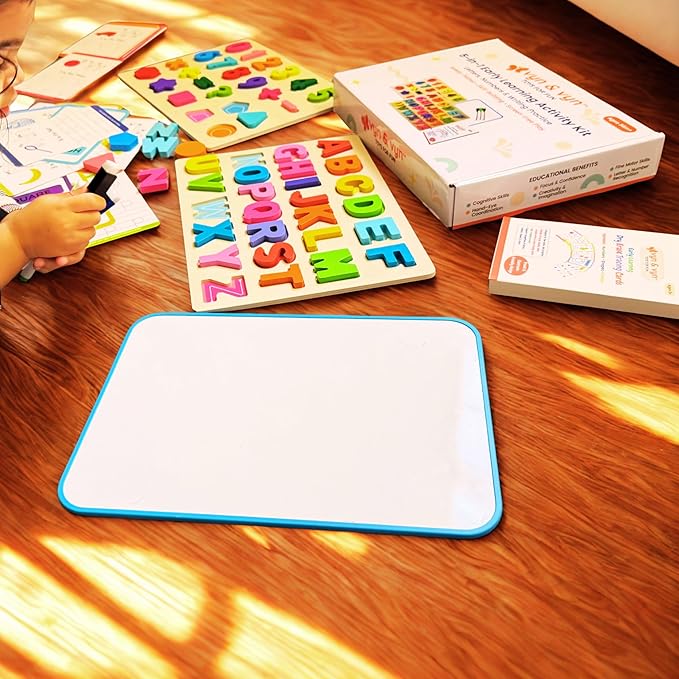 5-in-1 Wooden Puzzles for Toddlers 3-5 | Montessori Alphabet Number Shape Learning Toys | Magnetic Whiteboard, Flashcards & Markers | Preschool Educational Activity Kit | VYN & VYN (Rainbow)
