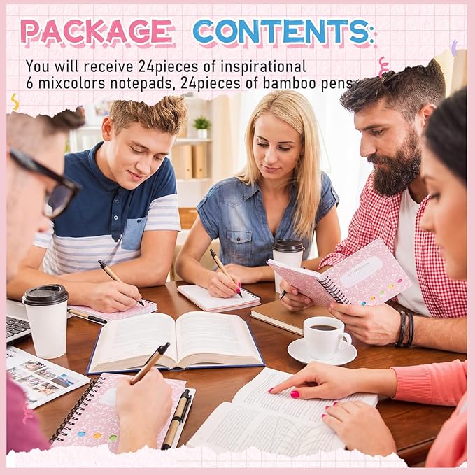 Dunzoom 24 Sets Spiral Notebook Bulk, Steno Pads Lined Notepad with Pen, Sticky Notes Colored Index Tabs, 5.2" x 4.1" Pocket Notebook for Home Business Office Supplies, 60 Sheets (Pink)