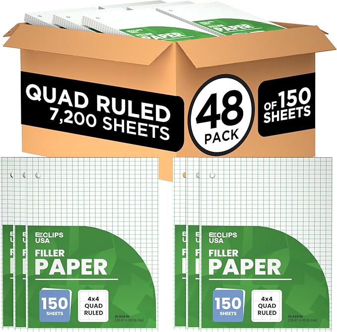 Graph Paper Loose Leaf Paper Quad Ruled Notebook Paper Quad Ruled 4” x 4” Square Lined Writing Filler Paper 10.5” x 8” 7200 Sheets 150 Sheets Per Pack 60 gsm (48 Pack)
