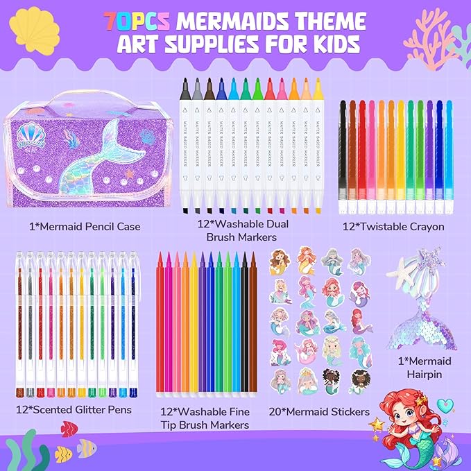 Mermaid Arts and Crafts for Girls Ages 4-5-6-7-8, 70 PCS Art Supplies Set with Bonus Mermaid Hairpin, 3D Glitter Case, Washable Dual Tip Markers, Scented Gel Pens & Twist-up Crayons, Birthday Gift