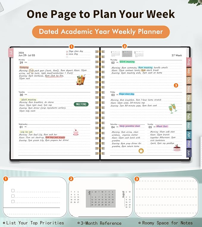 Academic Planner 2026-2027, Weekly and Monthly Calendar Planner from July 2026 - June 2027, 8.5" x 11" A4 Large Daily Agenda Book with Tabs, Flexible Cover, College School Organizer for Student Teacher, Black