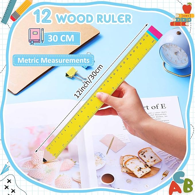 Affrolling 12 Pcs Pencil Shaped Wooden Rulers 12 Inch/30cm Measuring Standard 2 Scale Cute Pencil Rulers Gifts Bulk for Students Home Office