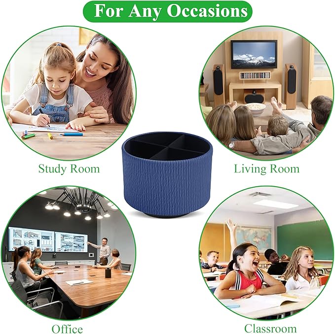 Round Leather Art Supply Organizer,Remote Control Holder,360 Degree Spinning,Multi-Functional Pencil Holder,4 Compartments Desktop Stationary Organizer(1-Vertical Wood Blue)