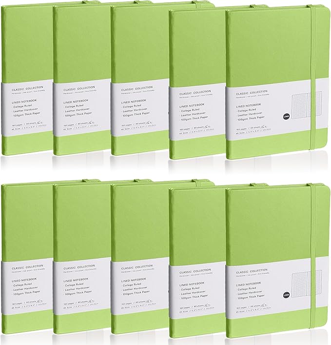 Lined Journal Notebook, 10Pack Hardcover Notebook for Men & Women – Journals for Writing, Work, School, Home & Daily Notes, 160 Pages – Medium A5, 5.7"x8", 100 gsm Thick Paper (Grass Green)