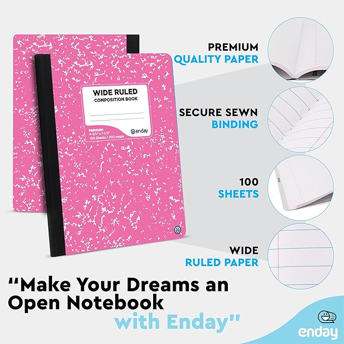 Emraw Composition Notebooks Wide Ruled Paper, Colored Marble Composition Notebook Covers, 100 Sheets (200 pages) Composition Books, Marble Notebooks Wide Ruled, Pink -Red -Grey -Green – by Enday