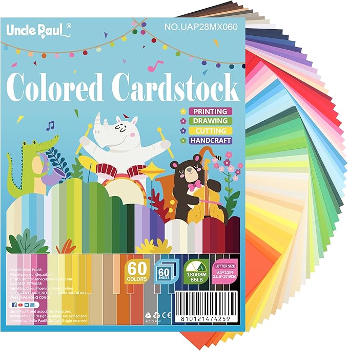 60 Sheets Colored Cardstock - 60 Mixed Colors Card Stock Paper 8.5"x11" Thick 180gsm/65lb Printer Paper for Card Making, DIY Crafts, Scrapbooking, Party UAP28MX060
