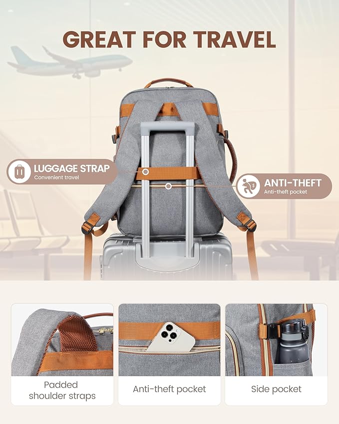 LOVEVOOK Travel Backpack for Women & Men 50L,Airline Approved Carry On Backpack Travel Essentials,TSA Carry on Luggage,Waterproof Personal Item Travel Bag,Suitcase with 3 Packing Cubes,Grey-Brown
