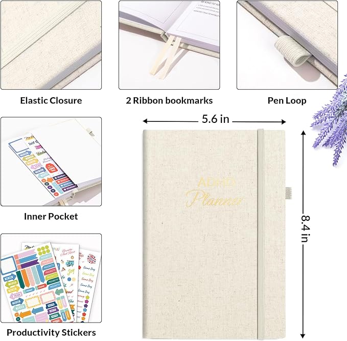 SUNEE Adhd Daily Planner for Adults,3-Month Undated Daily Weekly Monthly Planner for Productivity, Goal Setting, Time Management, Work & Life - for Men & Women,Vision Board + Stickers,Beige