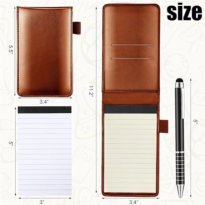 Outus 10 Pcs Mini Pocket Notepad Holder Set Included Small Leather Pocket Notebook Holder with 50 Lined Sheets, Metal Pen, 8 Pcs 3 x 5 Inch Memo Book Refills, 30 Lined Paper Per Note Pad (Brown)