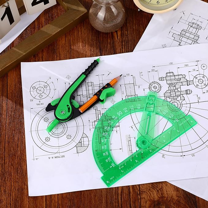 Zonon 2 Pcs Student Protractor and Compass, Student Geometry Math Set Drawing Compass and 180 Degree 6 Inch Protractor with Swing Arm for Drawing Measuring School Office (Green)
