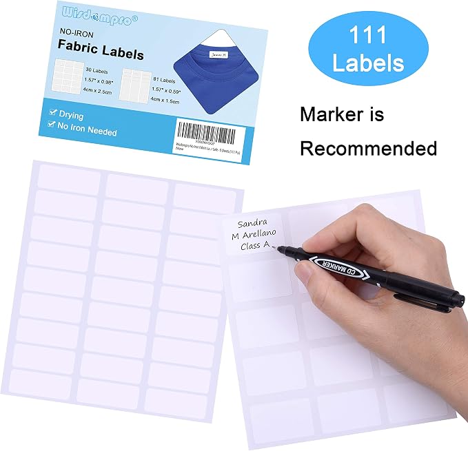 Wisdompro 111 Pcs No Iron Fabric Labels, Write-On Clothing Label Stickers | Self-Stick, White Clothes Name Tags, for Nursing Home, Daycare, Camp, School, No Sewing or Ironing Needed