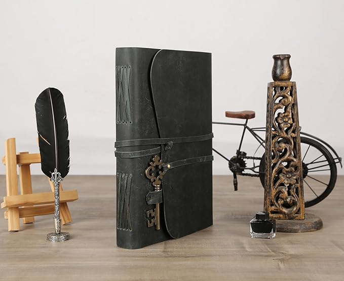 Leather Journal with Deckle Edge Paper 8x6 inch and Vintage Key | Handmade Writing Notebook Diary | Bound Daily Notepad for Men & Women Medium, Sketch/Writing pad for Artists