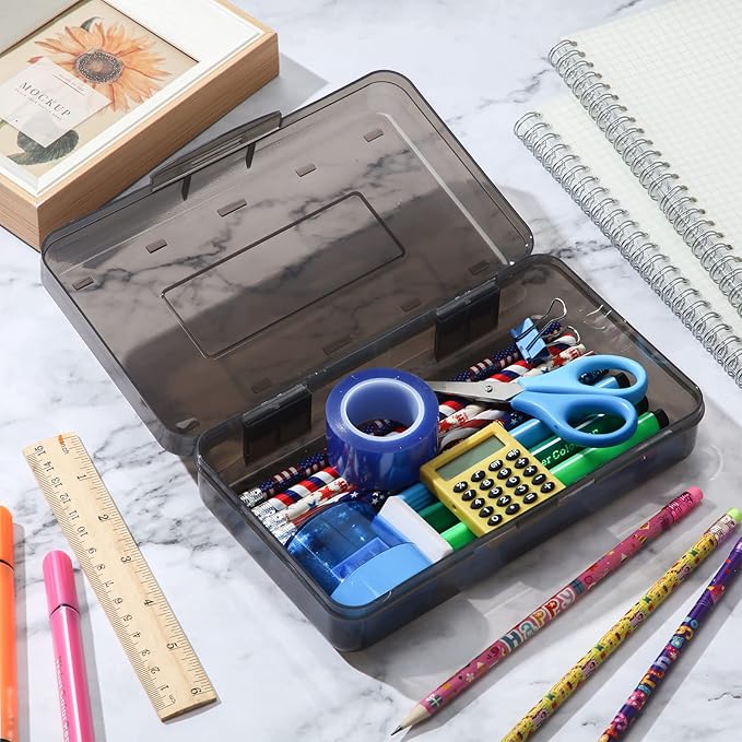 Leelosp 12 Pack Clear Pencil Boxes for School Bulk, Large Plastic Pencil Case with Lid, Stackable Hard Crayon Storage Box for Classroom Kids, Desk Drawer Organizer for Office Home(Gray)
