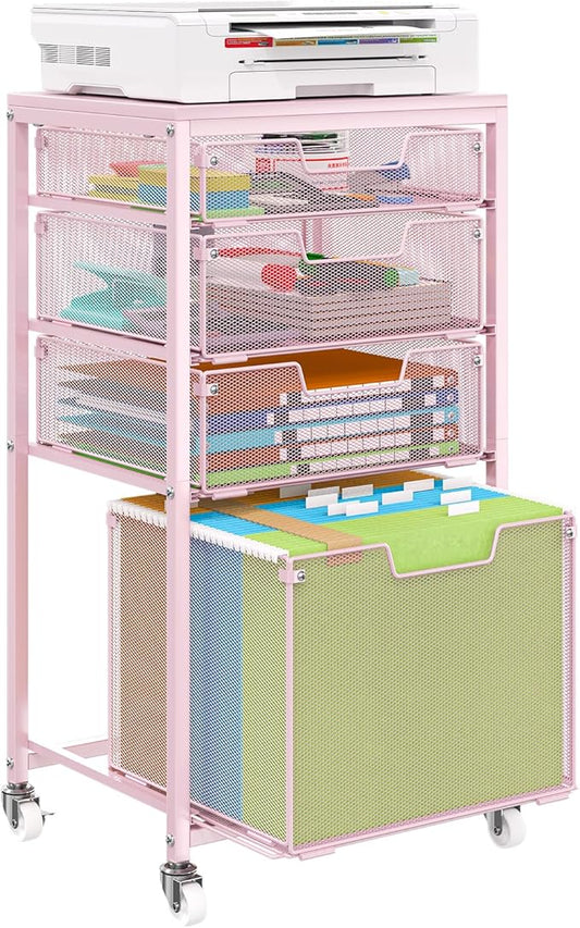 Sbanmao 4 Drawer Rolling File Cart Under Desk Storage, File Cabinets for Home Office, Mobile Filing Cabinet, Hanging File Organizer with Wheels, Utility Cart Printer Stand, Pink