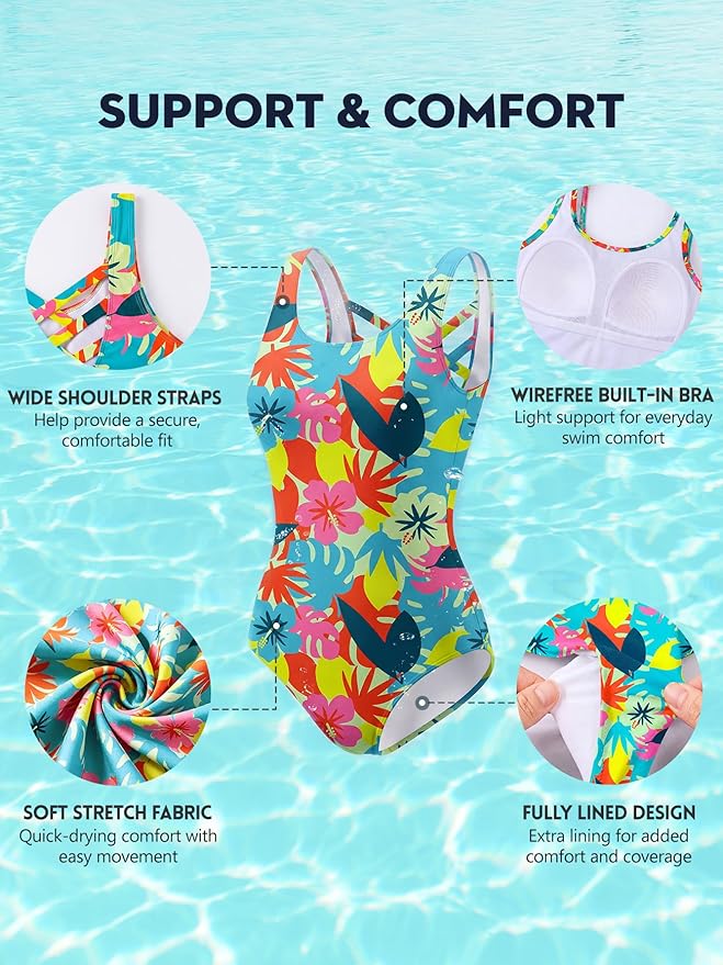 Modest Full Coverage One Piece Swimsuit Floral Bathing Suit Criss Cross Back Swimwear with Built-in Bra
