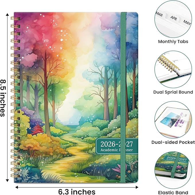 Planner 2026-2027, Monthly and Weekly Academic Planner July 2026 - June 2027, Hardcover Student Teacher Planning Agenda Calendar Book with Tabs, Perfect for Office School Supplies, A5 (6.3" x 8.5") - Mystic Forest