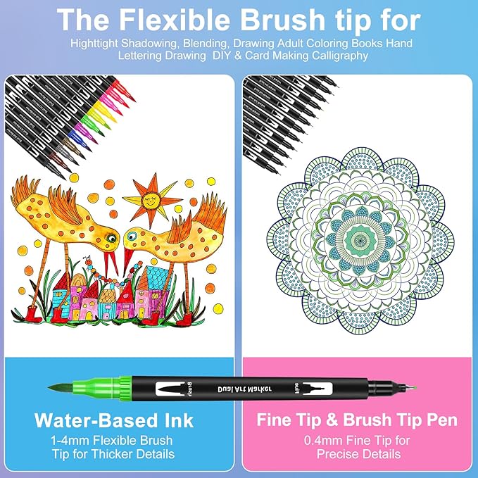 Double Tip Brush Pens Art Markers - 12 Vibrant Colors, Fine & Brush Tips for Coloring, Calligraphy, Journaling, Drawing, and Crafting - Non-Toxic, Water-Based Ink - Perfect for Kids & Adults