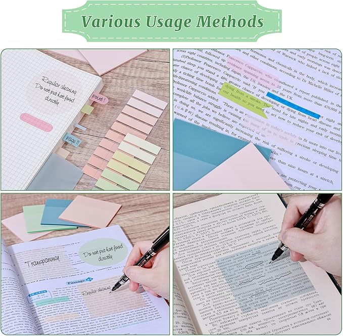 1100 Sheets Transparent Sticky Notes, Clear Waterproof 3 x 3 Sticky Notes with Pen, Translucent See-Though Note Tabs for Bible Study Book Annotation Kitchen Reminder (Green)