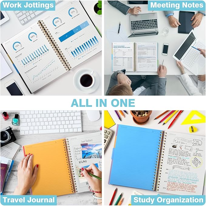 5 Subject Notebooks College Ruled, Spiral Lined Notebook with Removable Dividers, 300 Pages 100GSM Thick Spiral Writing Journal for Women & Men, Large A5 Notebooks for Work, School Supplies, 6" x 8"