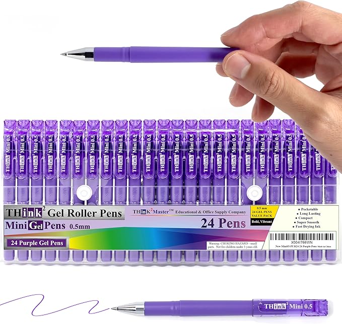 THINK2MASTER [24 Pens - Purple Ink Think2 0.5mm Pocketable Gel Pens. (24 Purple) Fine Point Rollerball Pens with Smooth Quick Drying Ink.