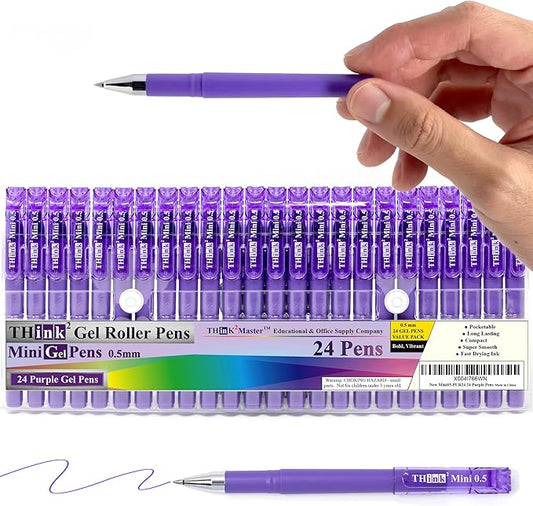 THINK2MASTER [24 Pens - Purple Ink Think2 0.5mm Pocketable Gel Pens. (24 Purple) Fine Point Rollerball Pens with Smooth Quick Drying Ink.