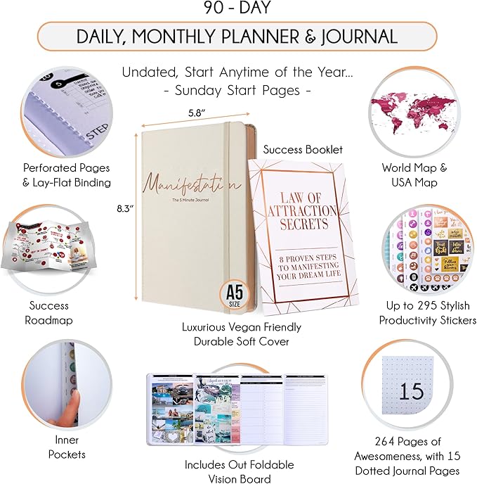 Gratitude Journal for Women and Men — 5 Minute Self Care Journal | Mindfulness, Manifestation, Affirmation | 3 Month Productivity Planner | Undated Daily Planner, Vision Board + Stickers