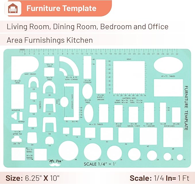 Mr. Pen- House Plan, 3 pcs, Interior Design and Furniture Templates, Clear Flexible Plastic, Drafting Tools, Ruler Shapes for Architecture, 1/4 Inch Scale, Kitchen, Bath, Bedroom, Office, Living Room