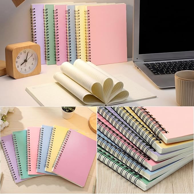 Leelosp 12 Pcs Small Spiral Notebook Lined Spiral Journal College Ruled Notebook Wire Bound Kraft Cover, 120 Pages for Work (Light Pastel,5 x 7 Inch)