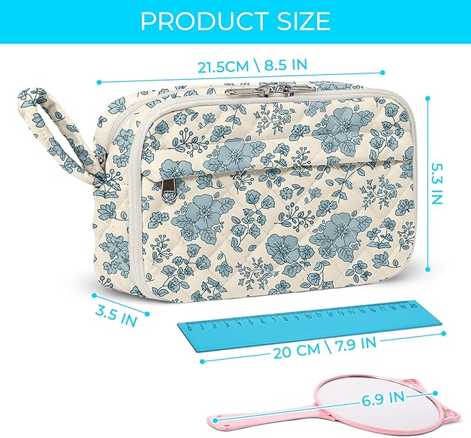 WOBAGMEN Quilted Pencil Pouch for Girls Women, Large Pencil Case Pouch with Compartments Cute Aesthetic Pencil Case Organizer, Floral Pencil Bag for School Supplies (blue floral)