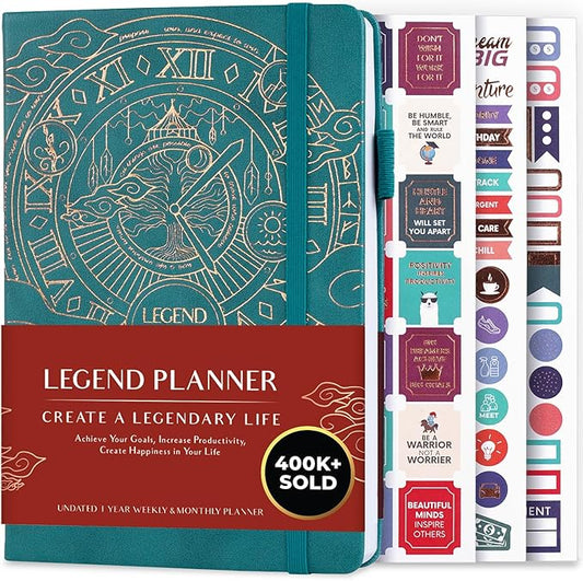 Legend Planner – Undated Weekly & Monthly Life Planner to Hit Your Goals & Live Happier, Organizer Notebook & Productivity Journal, A5 (Dark Teal, Gold)