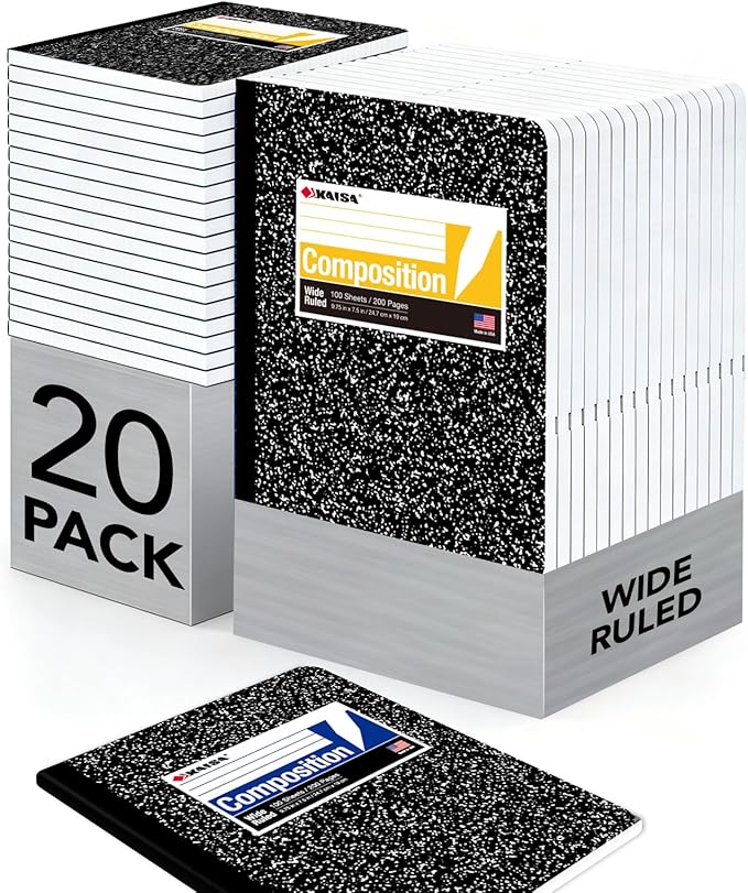 KAISA Composition Notebooks 100Sheets Comp Book,Wide Ruled 9.75x7.5inch, Classic Marble Composition Books, Carton of 20pads, C10001W