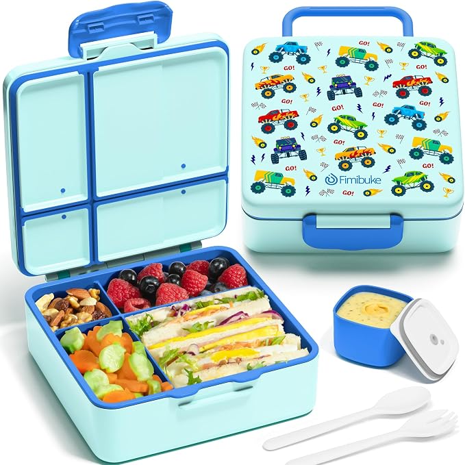 Fimibuke Bento Lunch Box for Kids, Toddler Bento Box with 4 Compartments | Leak Proof BPA Free Dishwasher Safe Lunch Container with Utensils, Ideal Portion Sizes for Ages 3-12 Girls Boys for School