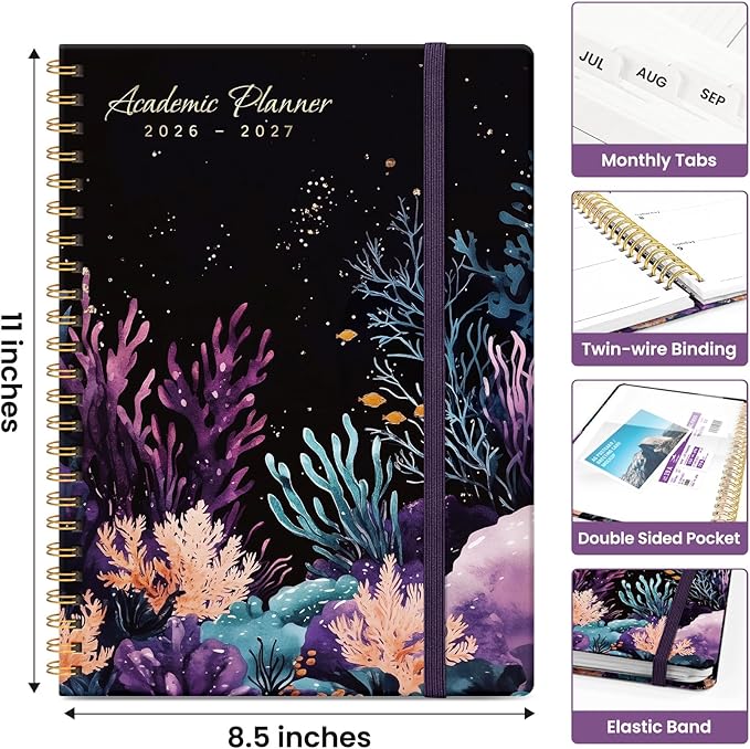 Planner 2026-2027, Academic Monthly and Weekly Calendar Planner for Women, July 2026 - June 2027, Hardcover Pretty Agenda Planner Book with Tabs, Spiral Daily Organizer for School Office Home Supplies, 8.5" x 11" - Coral Dream