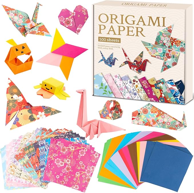 DoodleDoo Origami Paper Kit, Japanese Style Patterns Double Sided Color Origami, 500 Sheet Folding Paper Set, Gift for Kids Boys Girls